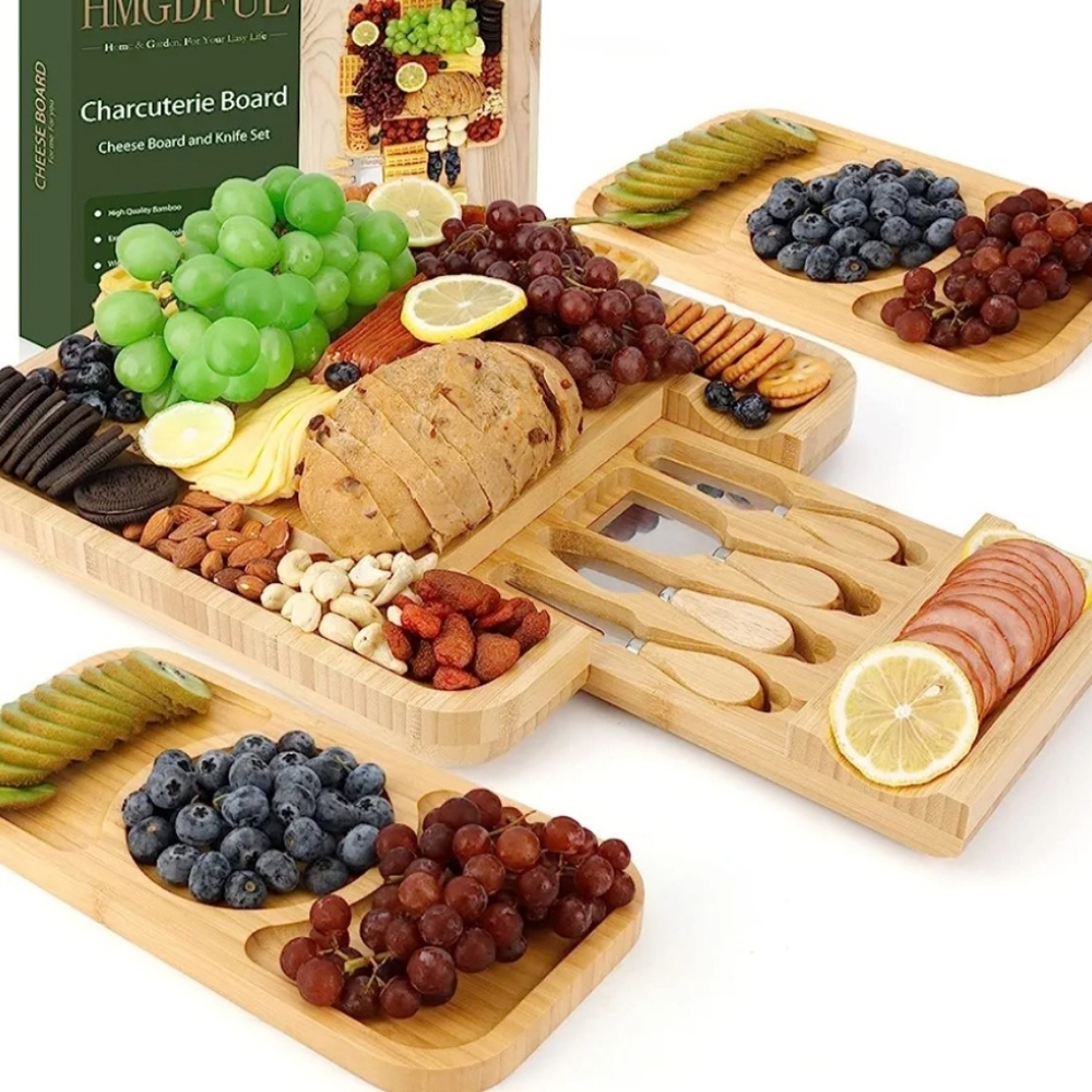 HMGDFUE Bamboo Charcuterie Boards Cheese Board Knife Set,13"x 13" New